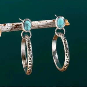 2 LEFT! Bohemian Turquoise Silver Hoop Earrings